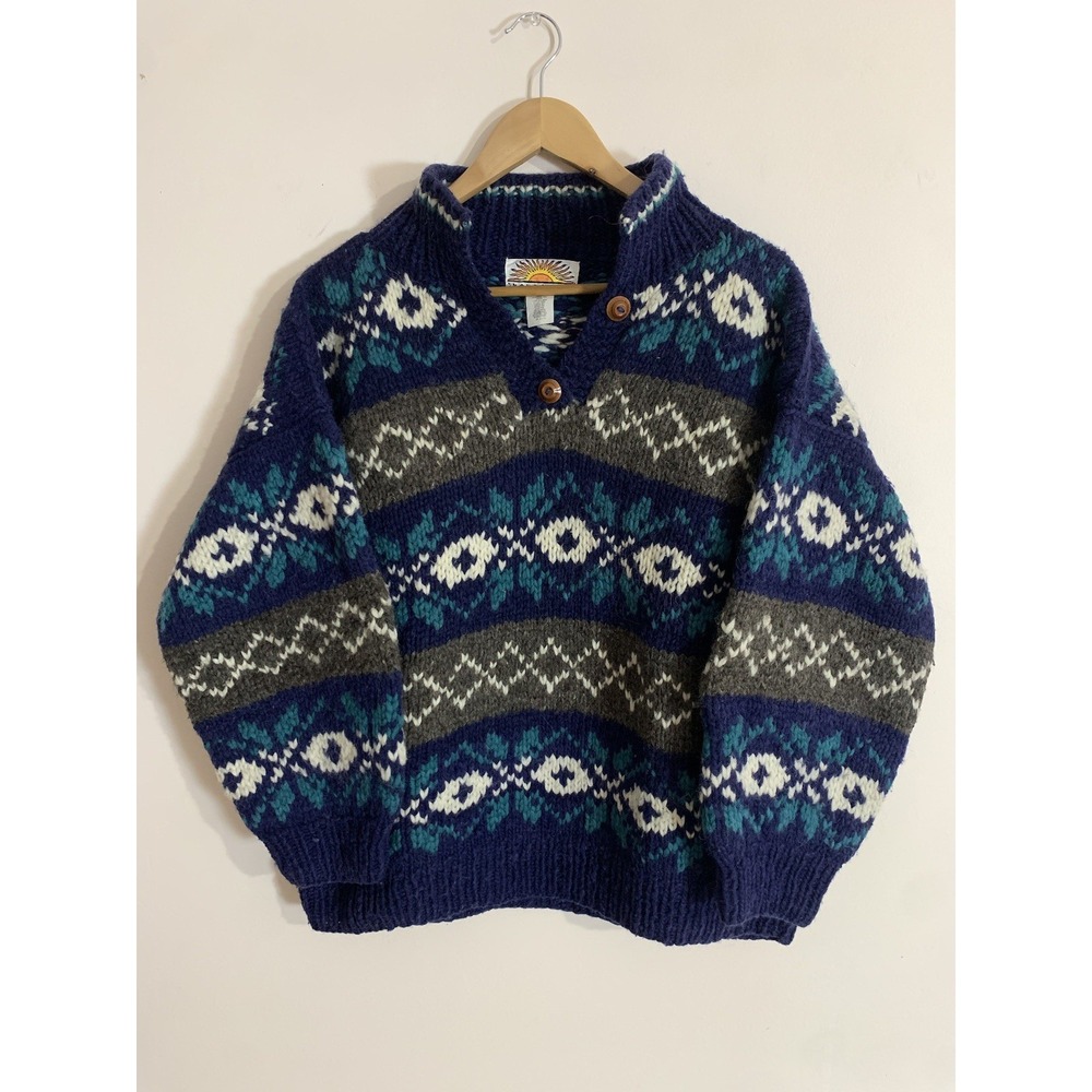 Vintage Nuevo Americana 100% Wool Sweater Chunky Knit Jumper Fair Isle Nordic